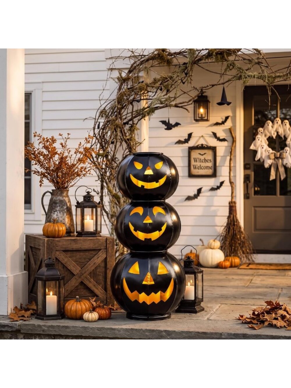 3-Tier Stacked Pumpkin Metal Lanterns - Halloween Decor for Spooky Vibes